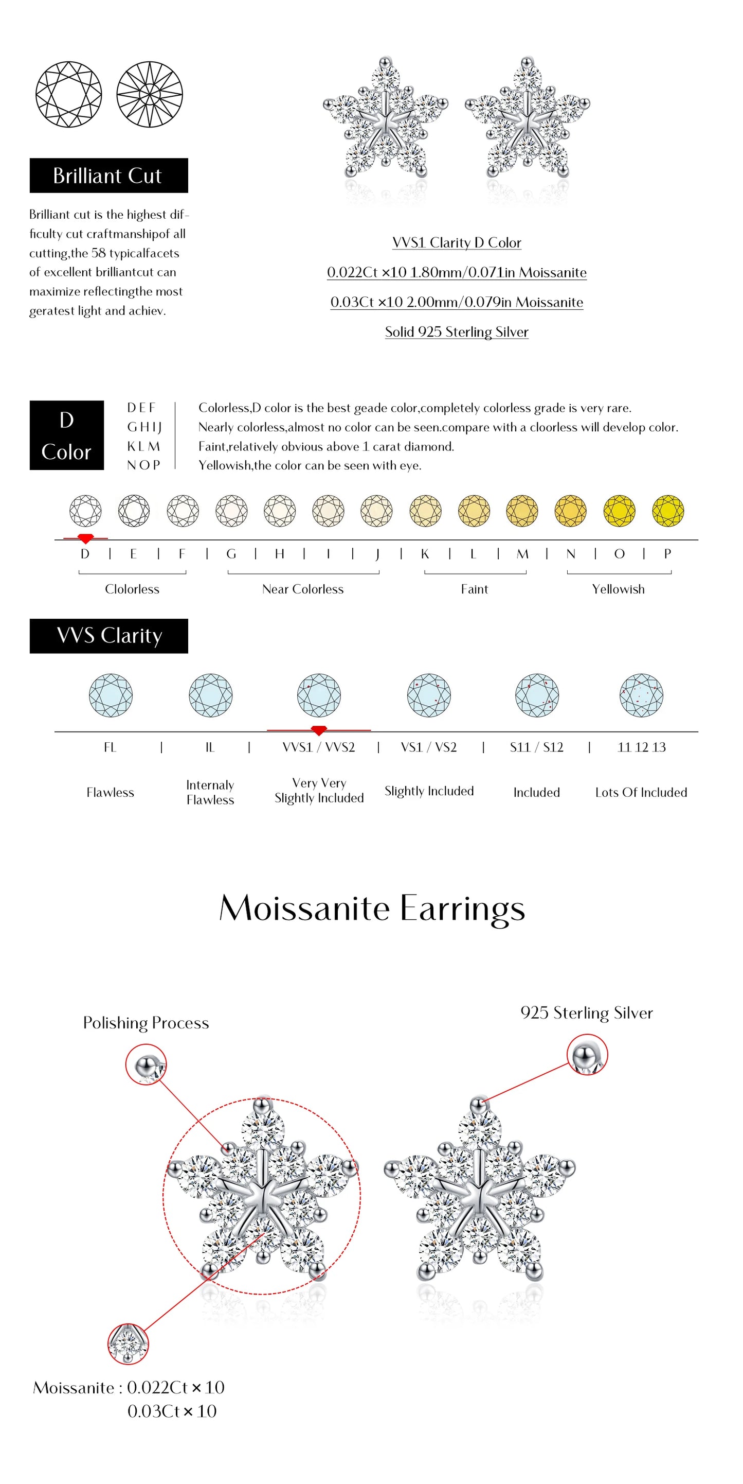 D Color Dazzling Moissanite Earrings 925 Sterling Silver Trendy Cute Snowflake Stud Earrings For Women
