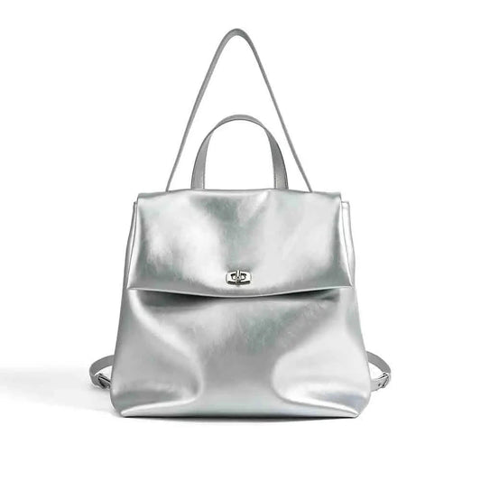 Women Fashion Silver Backpack Genuine Leather Lady Backpack