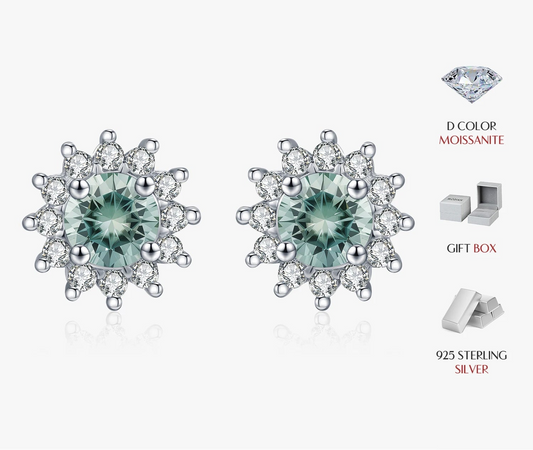 1CT Green Moissanite Classic Earrings 925 Sterling Silver Sparkling Sun Stud Earrings For Women