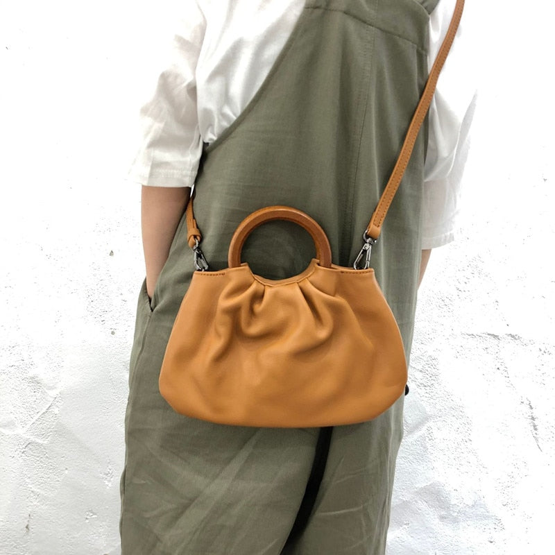Wood handle Natural Leather Handbags Leather Shoulder Crossbody Bag