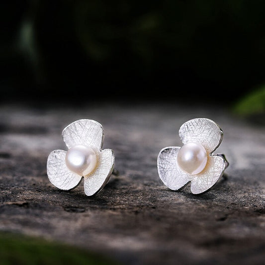 925 Sterling Silver Natural Pearl Jewelry Flower Stud Earrings for Women
