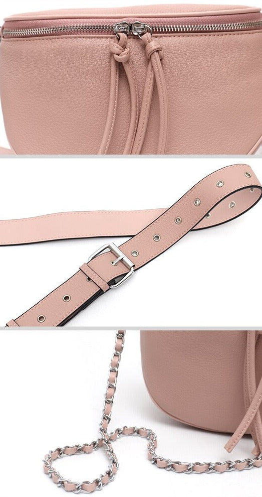 Leather Wide Strap Chain Shoulder Zipper Handbag