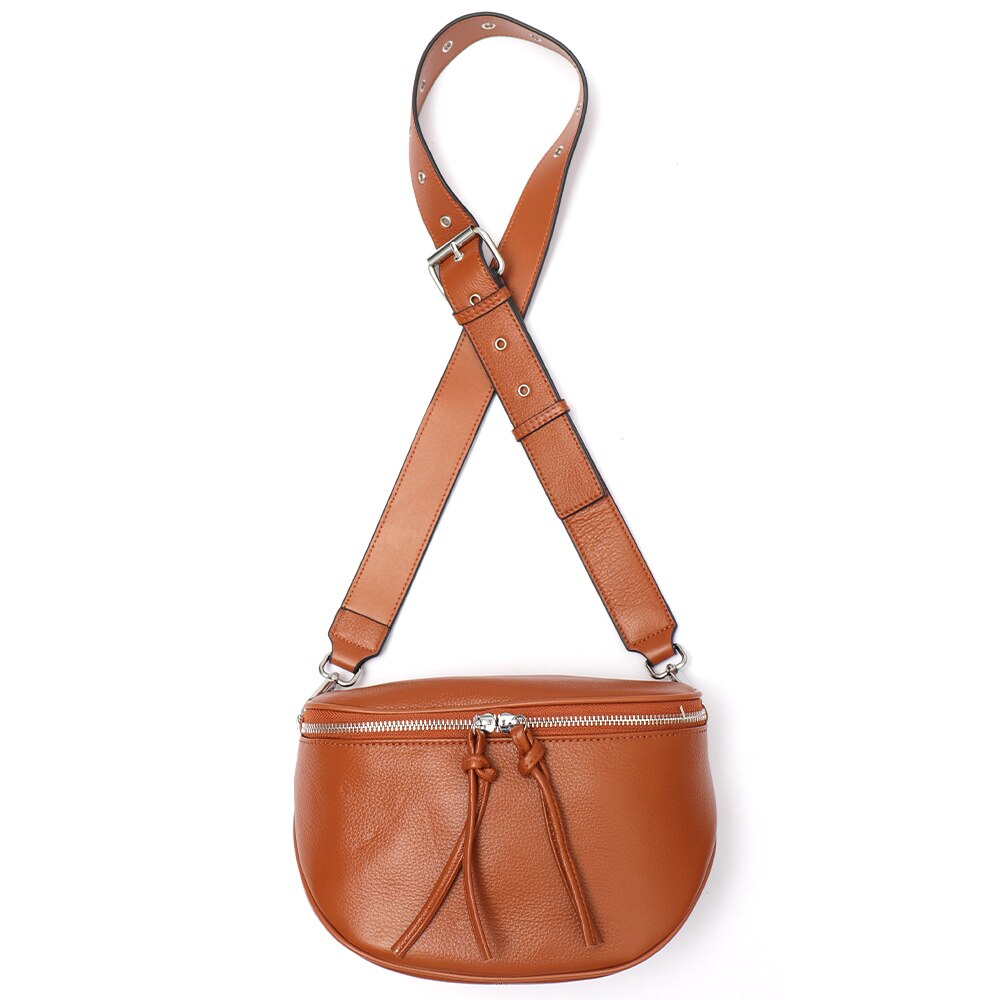 Leather Wide Strap Chain Shoulder Zipper Handbag