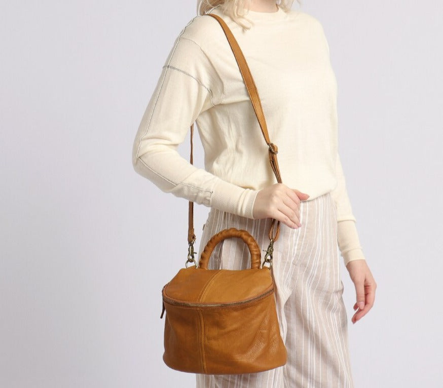 Genuine Leather Handbags Women Vintage Zip Around Top-handle Crossbody Bag