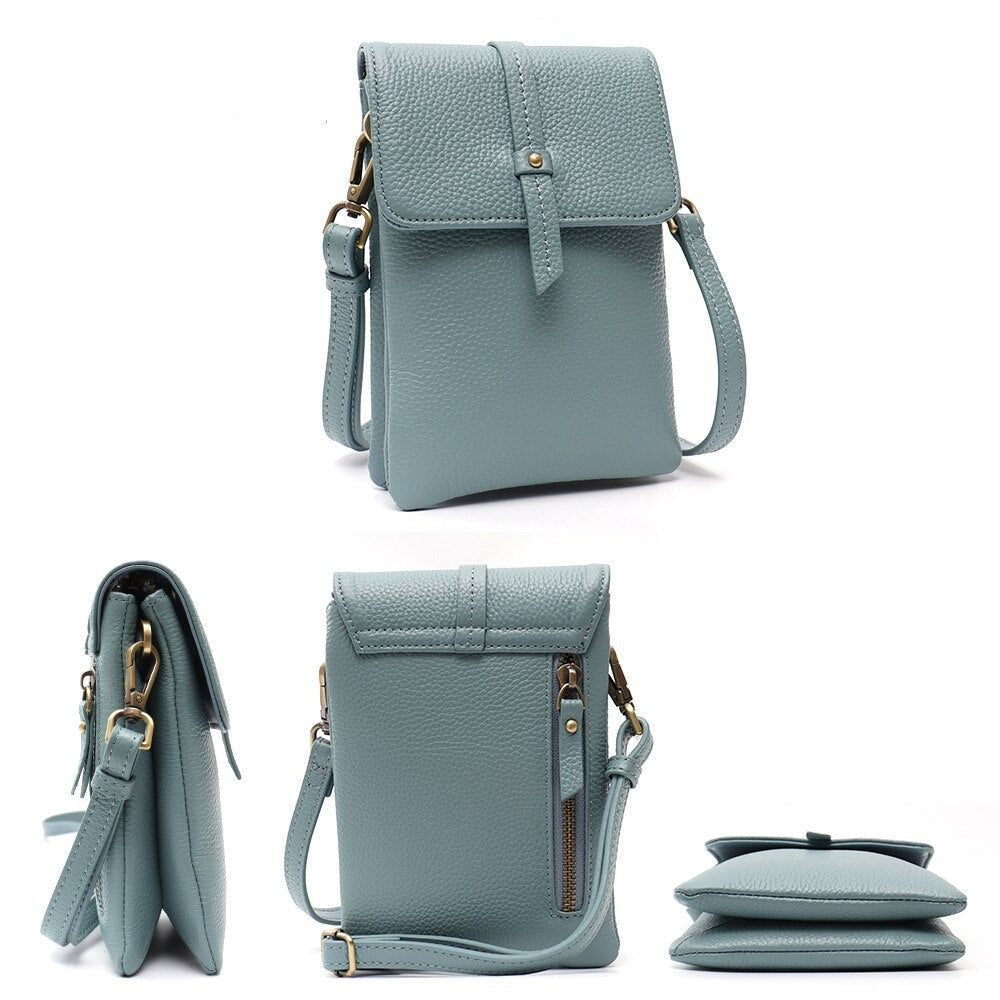 Genuine Leather Women Daily Portable Flap Snap Phone Purse Handbags Female Crossbody Shoulder Sling Pouch Bag